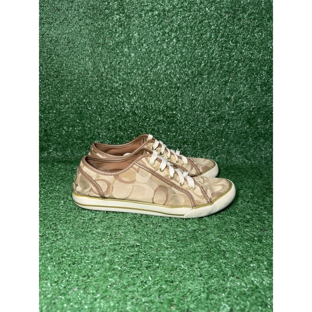 Coach Dee Signature Women's Size 7.5 B Lace Up Sneakers Beige Brown Casual Shoes
